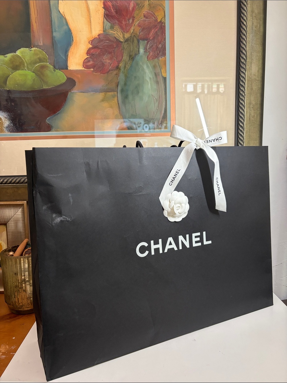 Chanel Empty Gift Bag With White Flowers And Ribbon